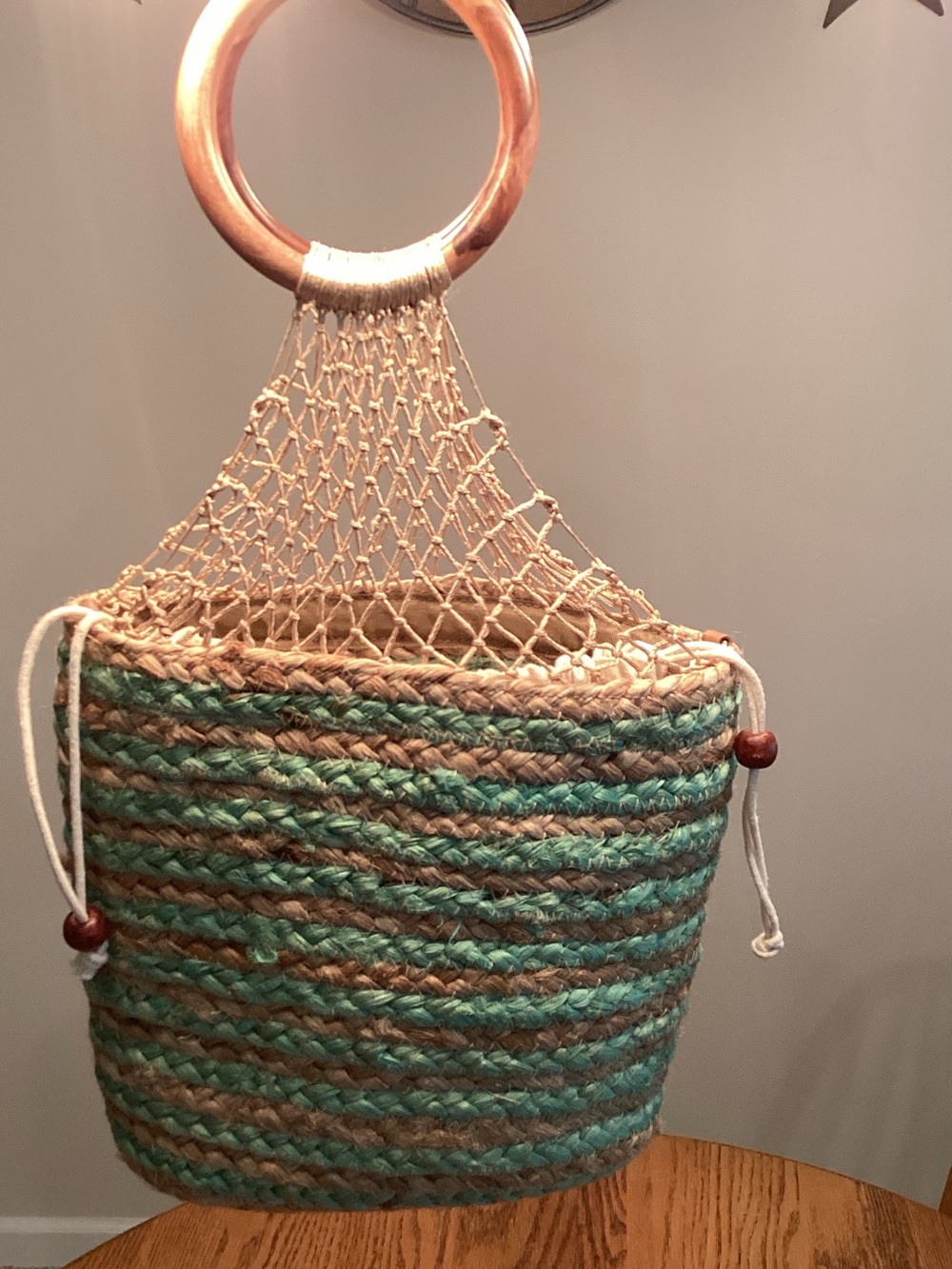 Woven Rope Ring Handle Bag in Teal and Natural